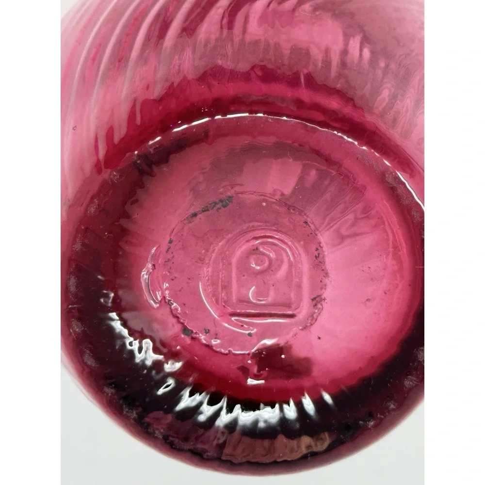 Pilgrim Cranberry Glass Hand Blown Optic Swirl Bud Vase 4.5